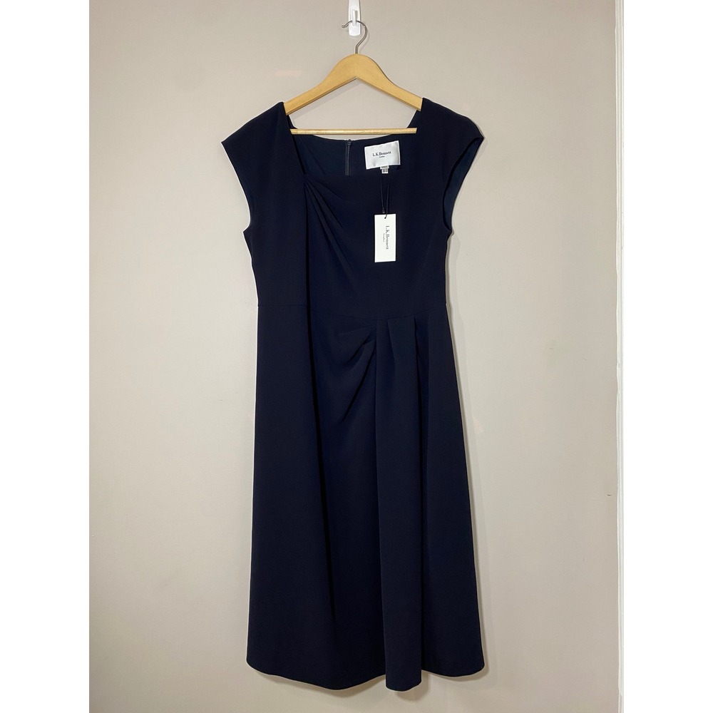 LK‎ Bennett Denise Navy Blue Pleated Asymmetrical Sheath Dress NWT Size 10